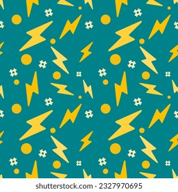 lightning symbol with circle and sharp symbol seamless pattern on green background. vector abstract illustration.