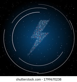El símbolo del rayo lleno de puntos blancos. Algunos puntos son rojos. Ilustración vectorial sobre fondo azul con estrellas