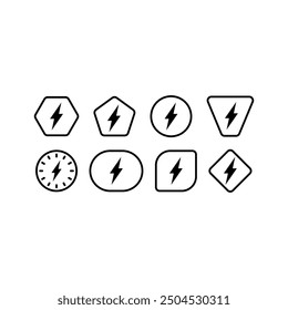 Blitzsymbol in geometrischen Formen. Blitzkonzept mit acht Optionen. Blitzsymbol in rund, Fünfeck, Sechseck