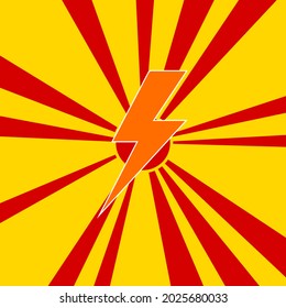 Lightning symbol on a background of red flash explosion radial lines. The large orange symbol is located in the center of the sun, symbolizing the sunrise. Vector illustration on yellow background