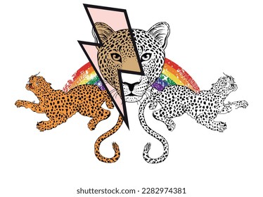diseño de camisetas con símbolo de luz con cabeza de leopardo y arco iris. Ilustración vectorial del Día del Orgullo Gay.