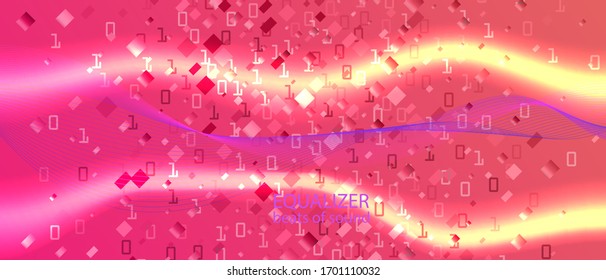 Lightning Tech Vector Equalizer. Fractal Flow Code Neon Tech Abstract Trendy Design. Cyber Equalizer Slide. Blue Pink Purple Background. Matrix Flying Binary Code. Lightning Tech Banner