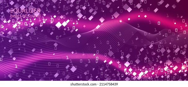Lightning Tech Vector Equalizer. Neon Tech Abstract Trendy Design. Fractal Fluid Code Blue Pink Purple Background. Matrix Falling Binary Code. Digital Equalizer Slide. Lightning Tech Banner