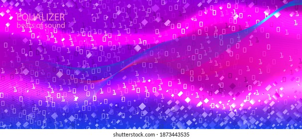 Lightning Tech Vector Landing Page. Purple Pink Blue Background. Geometric Grunge Music Layout. Cyber Futuristic Slide. Fractal Fluid Data Matrix Falling Binary Code. Lightning Tech Banner