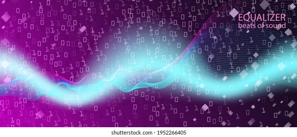 Lightning Tech Vector Landing Page. Matrix Flying Binary Code. Cyber Equalizer Slide. Tech Neon Funky Music Design. Purple Blue Pink Background. Fractal Fluid Glow Lightning Tech Banner