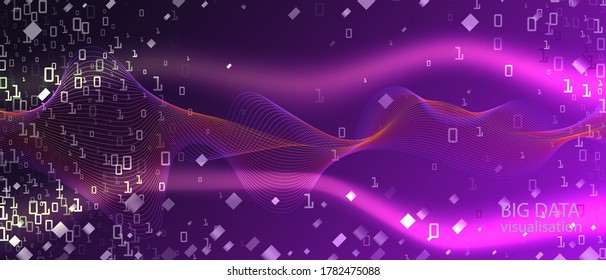 Lightning Tech Vector Presentation. Purple Blue Pink Background. Matrix Flying Binary Code. Fractal Liquid Code Tech Neon Abstract Modern Template. Digital Equalizer Slide. Lightning Tech Banner