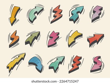 Lightning and thunder bolt comics arrow, cartoon flash. Speed and power, electric charge and thunderbolt energy pop art vintage symbol, comic vector halftone direction arrow pointers set