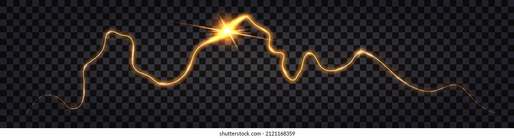 Lightning thunder bolt, electric discharge shock effect. Yellow glowing crack, flash light explosion. Luminous electricity strike collision. Vector illustration, isolated on transparent background