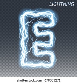 Lightning And Thunder Bolt Or Electric Font, Glow And Sparkle Effect, Vector Art Isolated On Transparent Background.