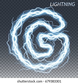 Lightning and thunder bolt or electric font, glow and sparkle effect, vector art isolated on transparent background.