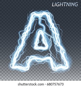 Lightning And Thunder Bolt Or Electric Font, Glow And Sparkle Effect, Vector Art Isolated On Transparent Background.