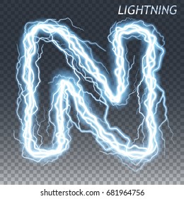 Lightning And Thunder Bolt Or Electric Font, Glow And Sparkle Effect, Vector Art Isolated On Transparent Background.