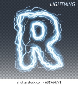 Lightning And Thunder Bolt Or Electric Font, Glow And Sparkle Effect, Vector Art Isolated On Transparent Background.