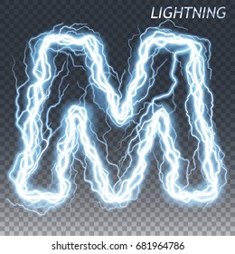 Lightning and thunder bolt or electric font, glow and sparkle effect, vector art isolated on transparent background.