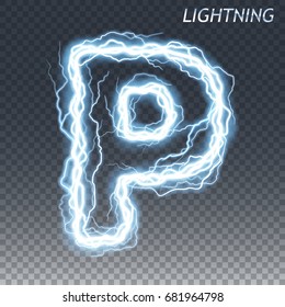 Lightning And Thunder Bolt Or Electric Font, Glow And Sparkle Effect, Vector Art Isolated On Transparent Background.