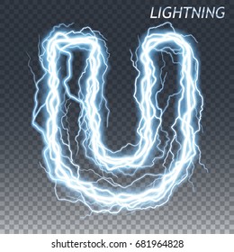 Lightning And Thunder Bolt Or Electric Font, Glow And Sparkle Effect, Vector Art Isolated On Transparent Background.