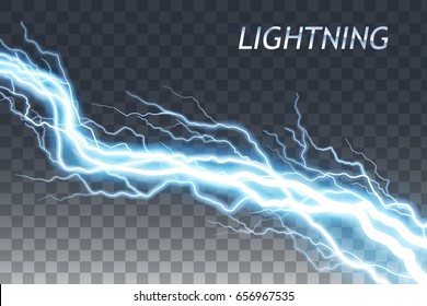 Lightning and thunder bolt or electric, glow and sparkle effect, vector art isolated on transparent background.