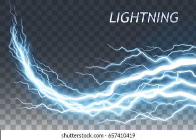 Lightning and thunder bolt or electric, glow and sparkle effect, vector art isolated on transparent background.