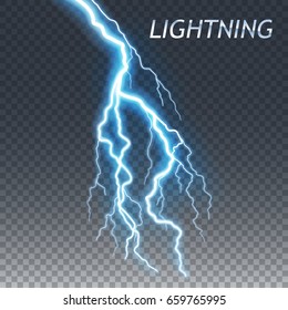 Lightning and thunder bolt or electric, glow and sparkle effect, vector art isolated on transparent background.