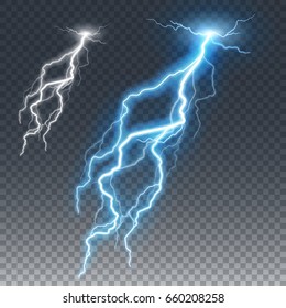 Lightning And Thunder Bolt Or Electric, Glow And Sparkle Effect, Vector Art Isolated On Transparent Background.