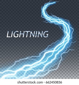 Lightning and thunder bolt or electric, glow and sparkle effect, vector art isolated on transparent background.