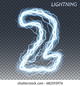 Lightning and thunder bolt or electric number, glow and sparkle effect, vector art isolated on transparent background.