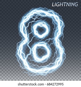 Lightning and thunder bolt or electric number, glow and sparkle effect, vector art isolated on transparent background.