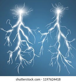 Lightning and thunder bolt, glow and sparkle effect, vector art and illustration.