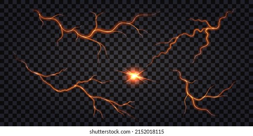 Tornillo relámpago, efecto luminoso. Grietas de tierra del terremoto, líneas de fuego de lava fundida; saltos de magma caliente y remolinos. Líneas volcánicas aisladas en un fondo oscuro. Ilustración del vector