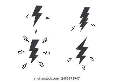 Lightning thunder bolt icon simple graphic silhouette  black image clipart set, thunderbolt volt electric energy power logo shape illustration, storm thunderstorm strike web glyph symbol