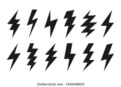 lightning thunder bolt web icons. Isolated bolt shapes in black color. Danger symbols, rainstorm. Set of volt vector signs