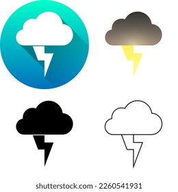 Lightning Thunder Cloud Weather Forecast Season Meteorology Logo Icon Vector Circular Round Long Shadow, Flat, Black Silhouette, Line Art Isolated on White Background