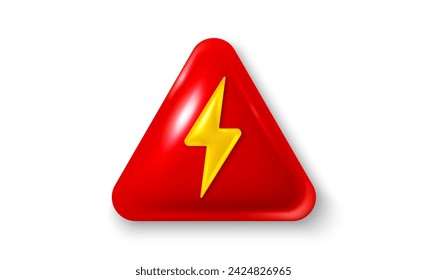 Lightning thunder, energy power bolt 3d icon. Realistic 3d electric danger triangle. Battery charge symbol. Lightning flash bolt, electric power and thunder yellow icon. Vector illustration