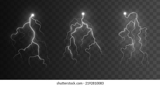 Lightning and thunder, glow and sparkle. Light and shine, abstract, electricity and explosion. Discharge electric current. Realistic stormy clouds with lighting effect on transparent background Vector