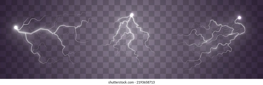 Rayos y truenos, resplandor y brillo. Luz y brillo, abstracto, electricidad y explosión. Suelte la corriente eléctrica. Nubes de tormenta realista con efecto de iluminación sobre fondo transparente Vector
