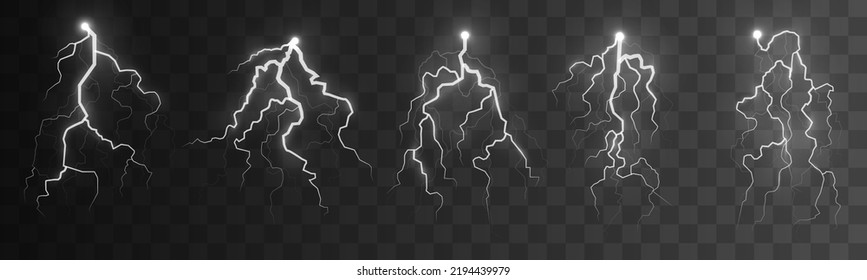 Lightning and thunder, glow and sparkle. Light and shine, abstract, electricity and explosion. Discharge electric current. Realistic stormy clouds with lighting effect on transparent background Vector