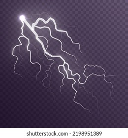 Lightning and thunder, glow and sparkle. Light and shine, abstract, electricity and explosion. Discharge electric current. Realistic stormy clouds with lighting effect on transparent background Vector