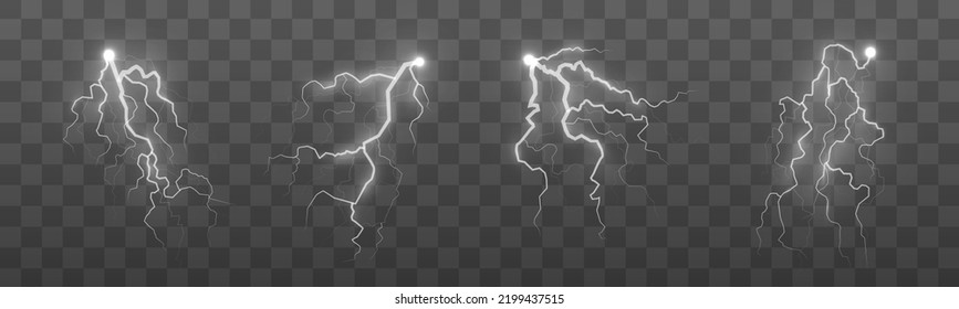 Lightning and thunder, glow and sparkle. Light and shine, abstract, electricity and explosion. Discharge electric current. Realistic stormy clouds with lighting effect on transparent background Vector