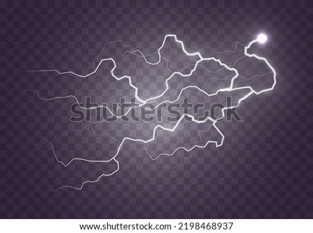 Lightning and thunder, glow and sparkle. Light and shine, abstract, electricity and explosion. Discharge electric current. Realistic stormy clouds with lighting effect on transparent background Vector