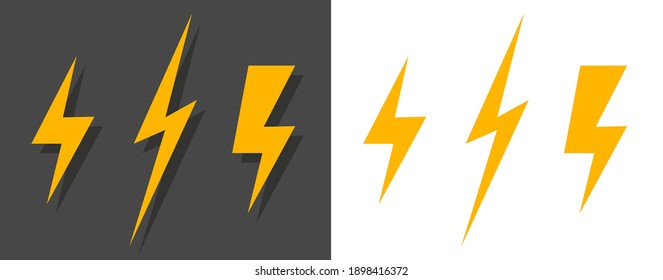 Lightning thunder icon, thunderbolt or thunderstorm pictogram flash symbol vector, electricity power sign yellow color flat cartoon isolated on dark and white background clipart