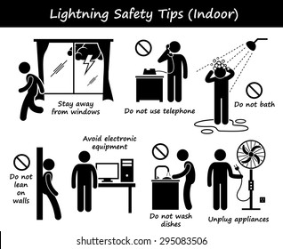 Lightning Thunder Indoor Safety Tips Stick Figure Pictogram Icons