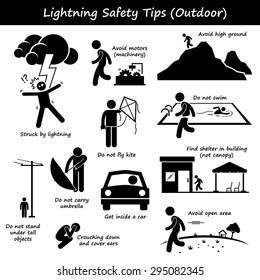 Lightning Thunder Outdoor Safety Tips Stick Figure Pictogram Icons