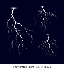 Lightning. Thunder Storm Lightnings Set. Bright Light Effects. Vector Illustration Isolated On Dark Background