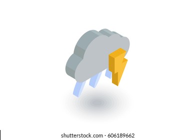 Lightning, thunder storm, rain and cloud isometric flat icon. 3d vector colorful illustration. Pictogram isolated on white background