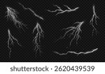 Lightning. Thunder storm realistic lightning. Bright light effects. Lightning bolt set Magic and bright light effects. Vector illustration