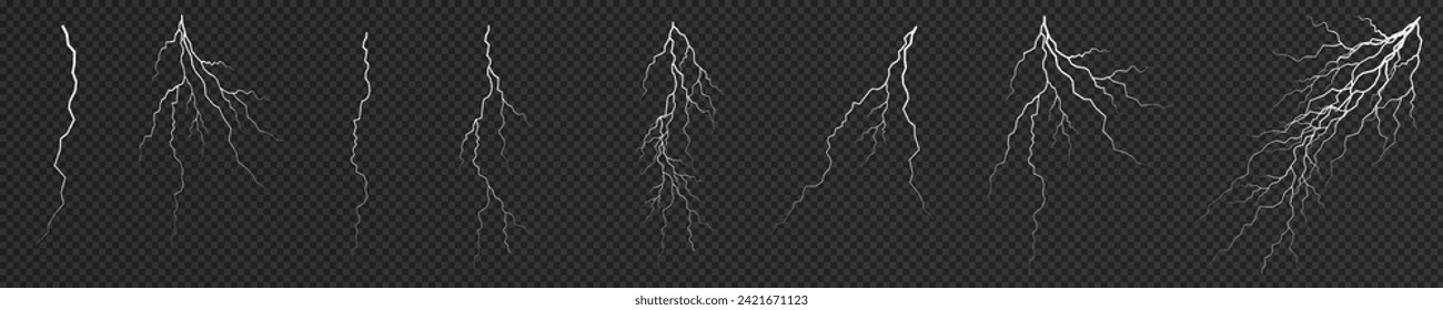 Lightning. Thunder storm realistic lightning. Bright light effects. Lightning bolt set Magic and bright light effects. Vector illustration