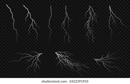 Lightning. Thunder storm realistic lightning. Bright light effects. Lightning bolt set Magic and bright light effects. Vector illustration