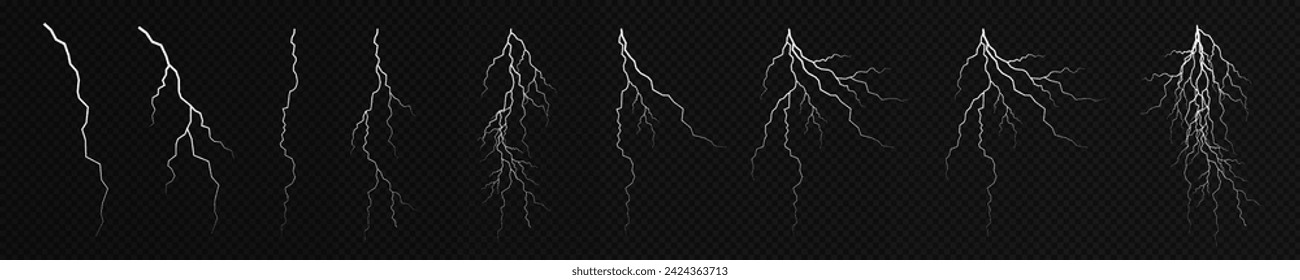 Lightning. Thunder storm realistic lightning. Bright light effects. Lightning bolt set Magic and bright light effects. Vector illustration