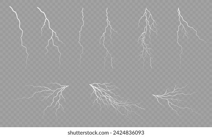 Lightning. Thunder storm realistic lightning. Bright light effects. Lightning bolt set Magic and bright light effects. Vector illustration