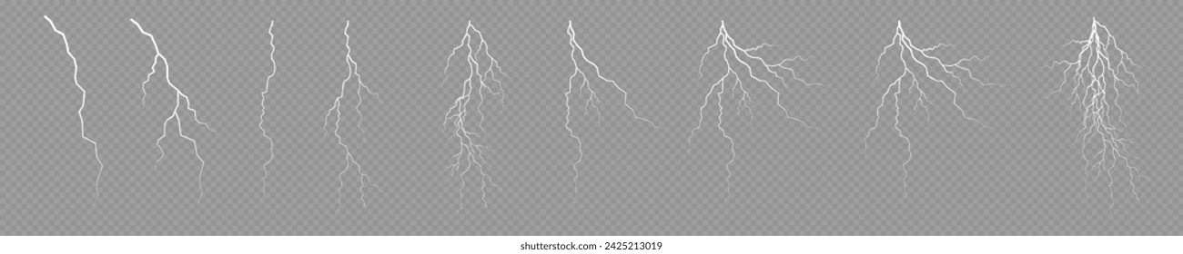 Lightning. Thunder storm realistic lightning. Bright light effects. Lightning bolt set Magic and bright light effects. Vector illustration